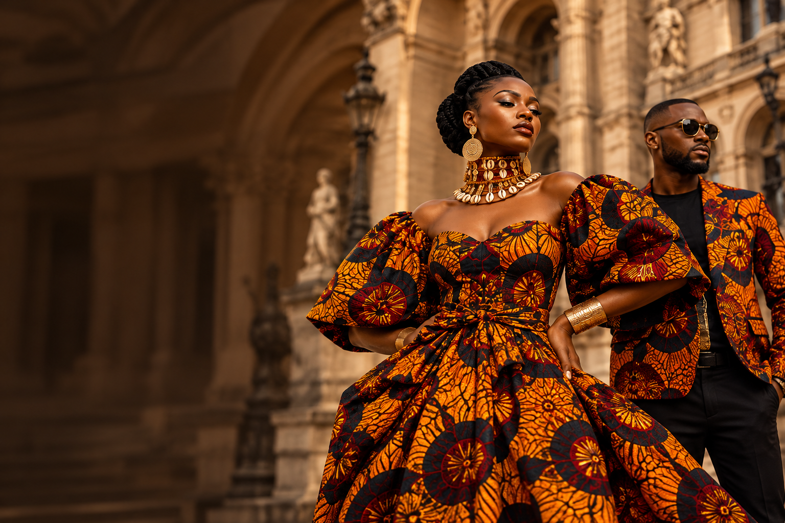 Univers de la marque : tenues wax orange et or devant une architecture parisienne